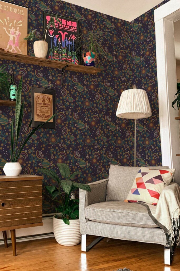Eclectic style living room decorated with Dark etheral cosmos peel and stick wallpaper