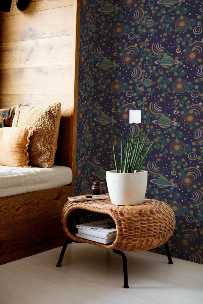 Mid-century modern style bedroom decorated with Dark etheral cosmos peel and stick wallpaper
