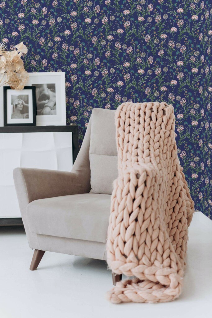 Boho style living room decorated with Dark etheral flowers peel and stick wallpaper