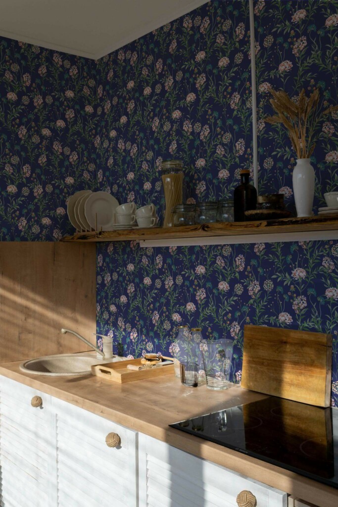 Minimal bohemian style kitchen decorated with Dark etheral flowers peel and stick wallpaper