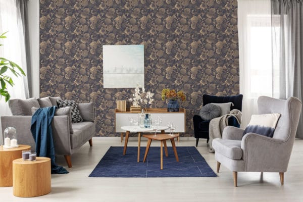 Dark blue and beige floral temporary wallpaper