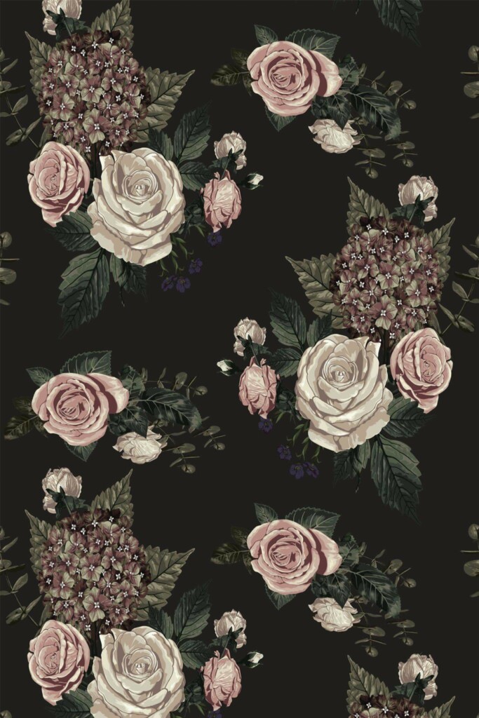 Pattern repeat of Dark floral removable wallpaper design