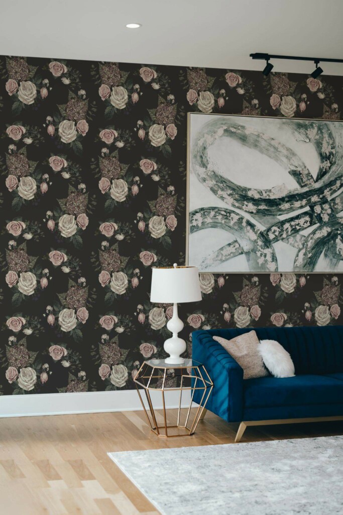 Modern style living room decorated with Dark floral peel and stick wallpaper