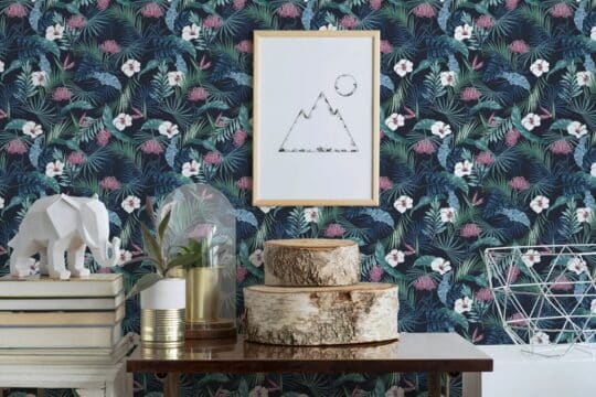 Dark blue tropical floral temporary wallpaper