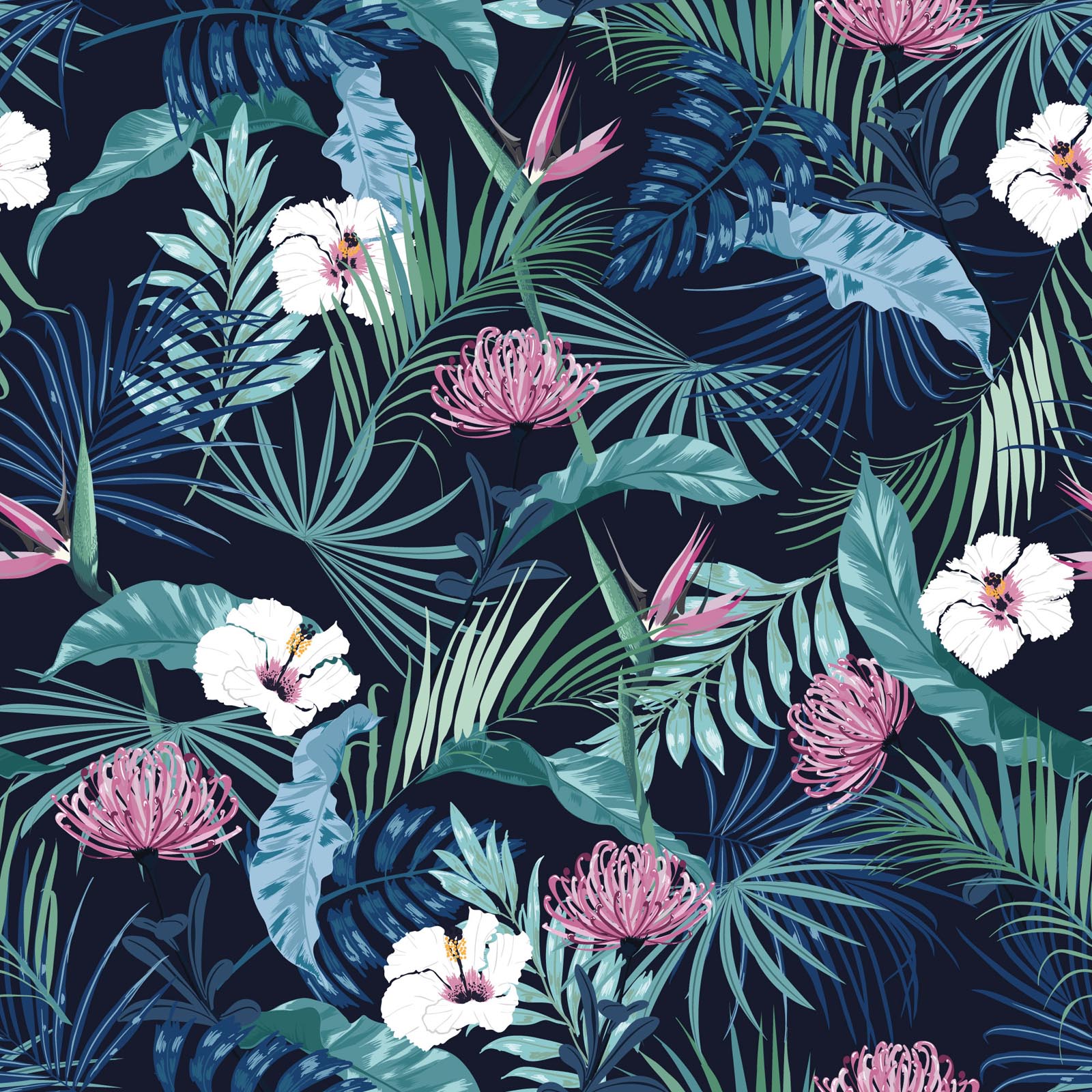 Dark blue tropical floral wallpaper - Peel and Stick or Non-Pasted