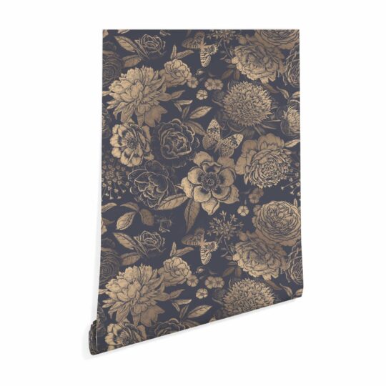 Dark blue and beige floral peel and stick removable wallpaper