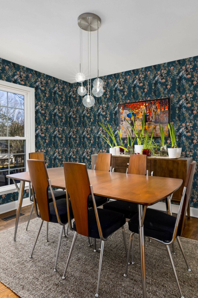 MId-century modern style dining room decorated with Dark flowers peel and stick wallpaper