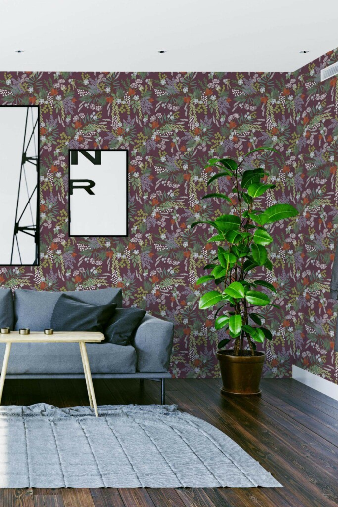 Modern scandinavian style living room decorated with Dark forest peel and stick wallpaper