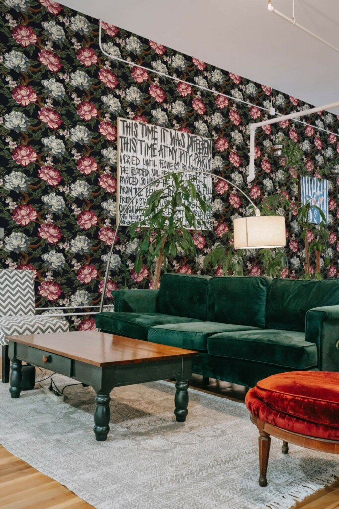 Bold eclectic style living room decorated with Dark garden peel and stick wallpaper and emerald green sofa