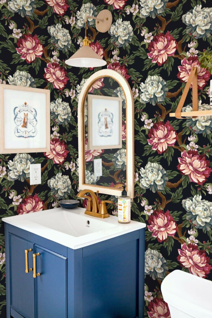 Coastal eclectic style powder room decorated with Dark garden peel and stick wallpaper