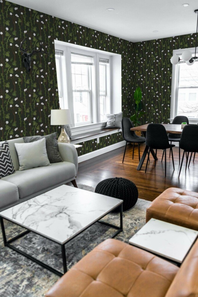 Mid-century modern scandinavian style living dining room decorated with Dark green botanical peel and stick wallpaper