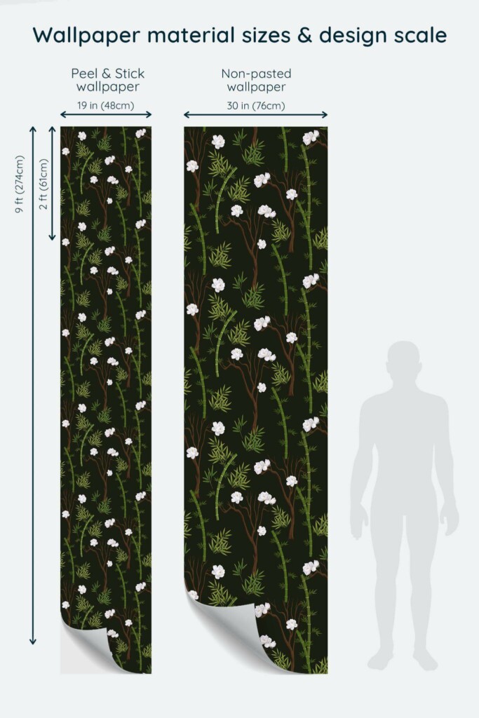 Size comparison of Dark green botanical Peel & Stick and Non-pasted wallpapers with design scale relative to human figure