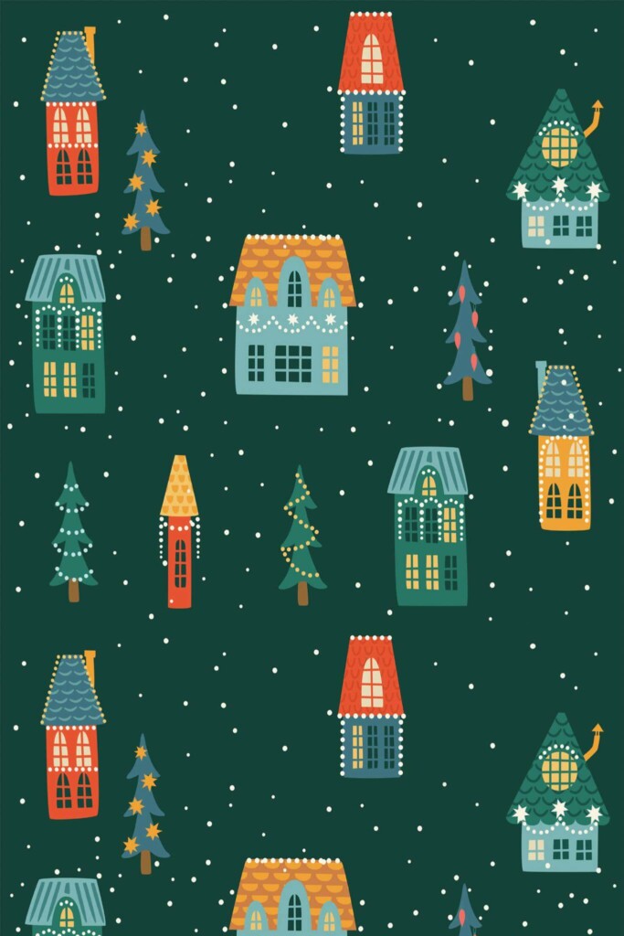 Pattern repeat of Dark green Christmas houses removable wallpaper design