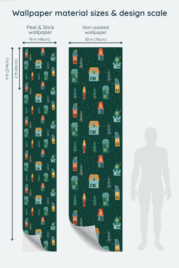 Size comparison of Dark green Christmas houses Peel & Stick and Non-pasted wallpapers with design scale relative to human figure