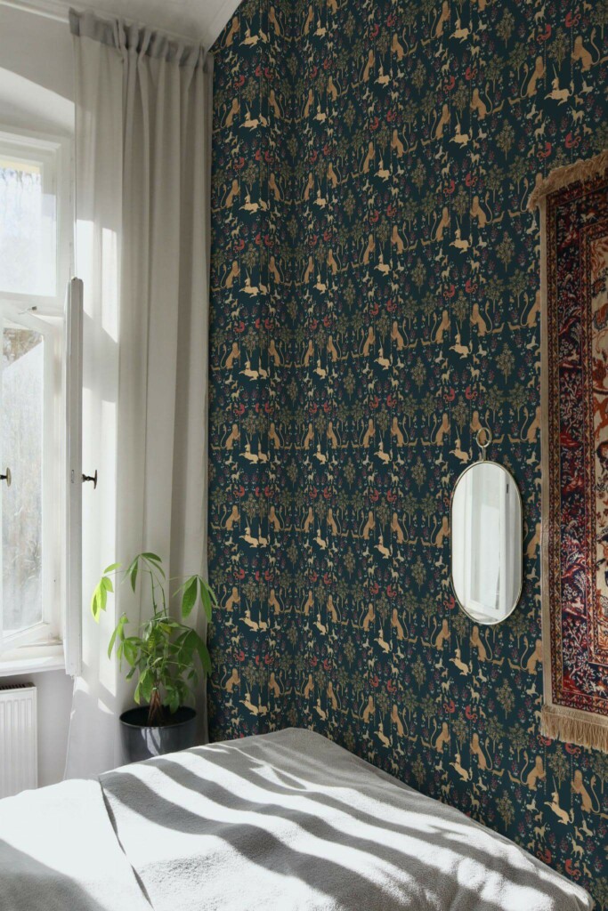 Bohemian style bedroom decorated with Dark magic forest peel and stick wallpaper