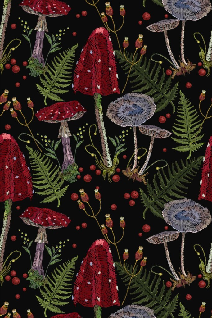 Pattern repeat of Dark mushrooms forest removable wallpaper design