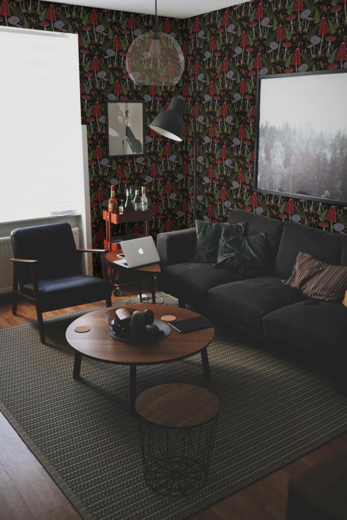 Modern dark industrial style living room decorated with Dark mushrooms forest peel and stick wallpaper