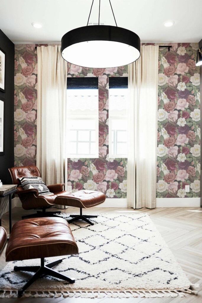 MId-century modern style living room decorated with Dark peonies peel and stick wallpaper