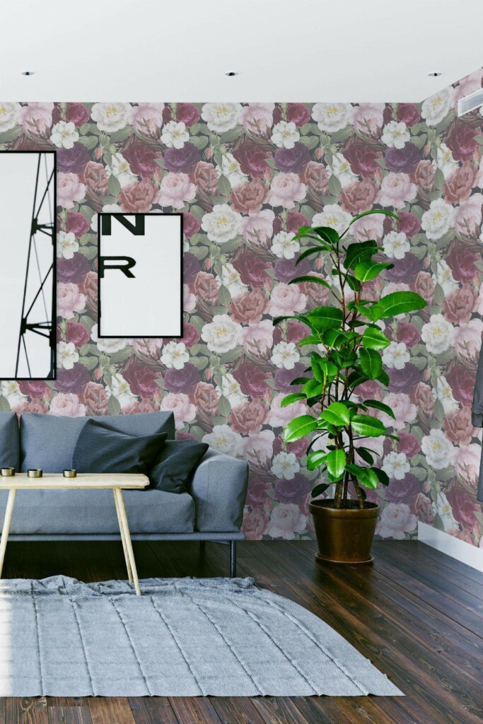 Modern scandinavian style living room decorated with Dark peonies peel and stick wallpaper