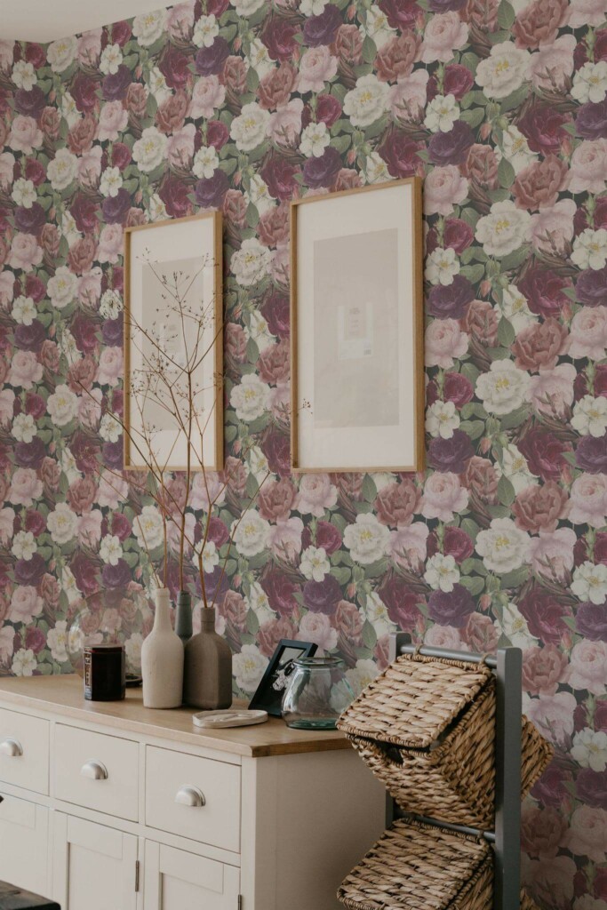 Scandinavian style bedroom decorated with Dark peonies peel and stick wallpaper