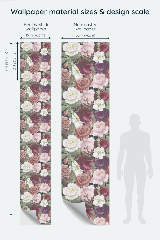 Size comparison of Dark peonies Peel & Stick and Non-pasted wallpapers with design scale relative to human figure