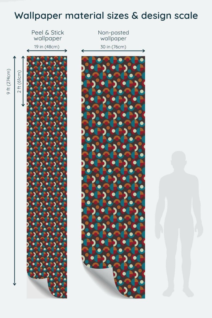 Size comparison of Dark retro geometric Peel & Stick and Non-pasted wallpapers with design scale relative to human figure