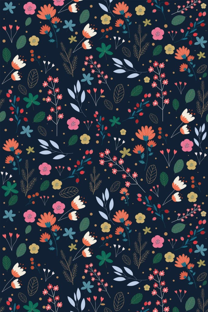 Pattern repeat of Dark Scandinavian floral removable wallpaper design