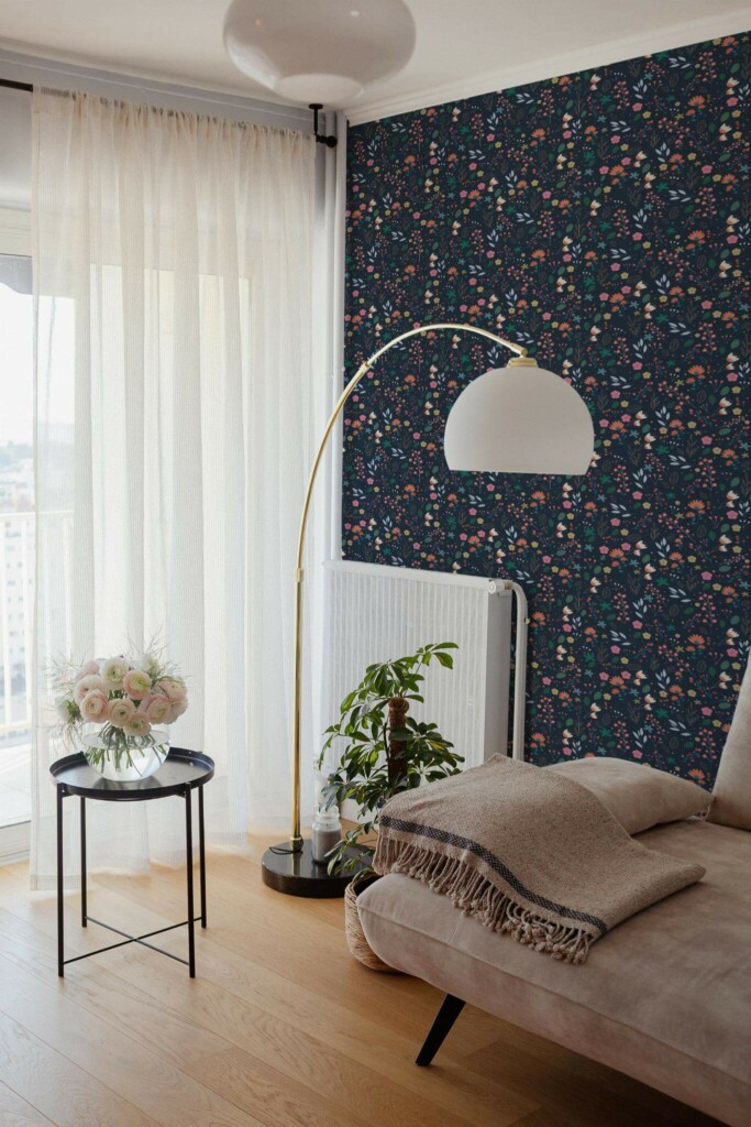Bohemian Scandinavian style living room decorated with Dark scandinavian floral peel and stick wallpaper