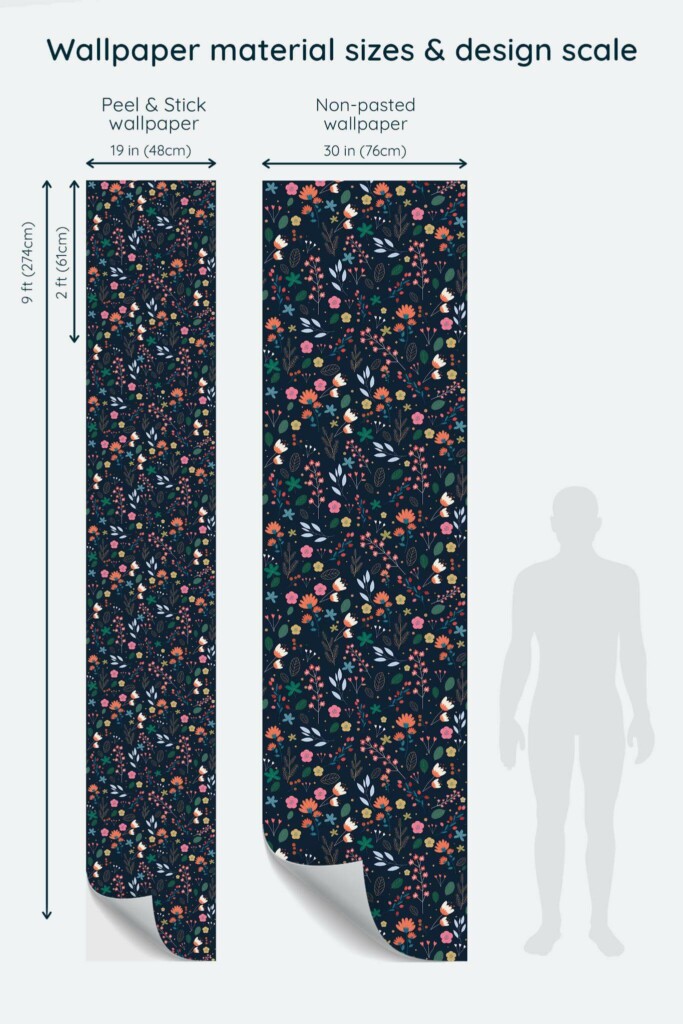 Size comparison of Dark Scandinavian floral Peel & Stick and Non-pasted wallpapers with design scale relative to human figure