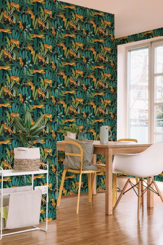 Minimal scandinavian style dining room decorated with Dark secret garden peel and stick wallpaper