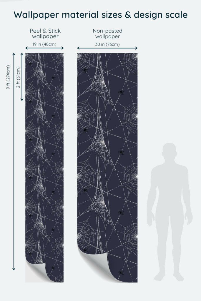 Size comparison of Dark spiderweb Peel & Stick and Non-pasted wallpapers with design scale relative to human figure