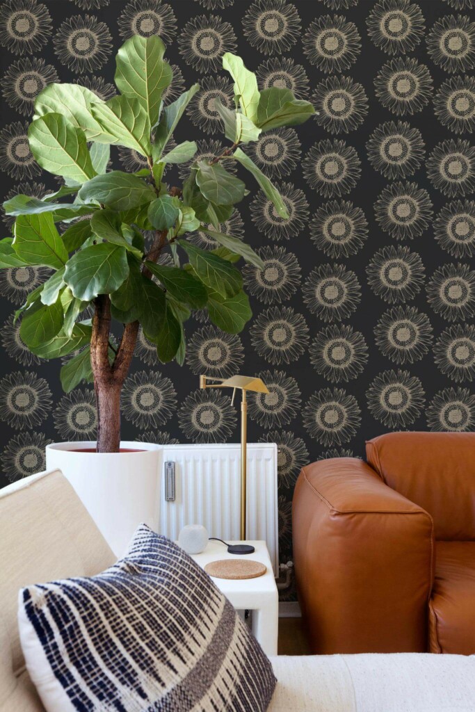 Mid-century style living room decorated with Dark sunflower peel and stick wallpaper