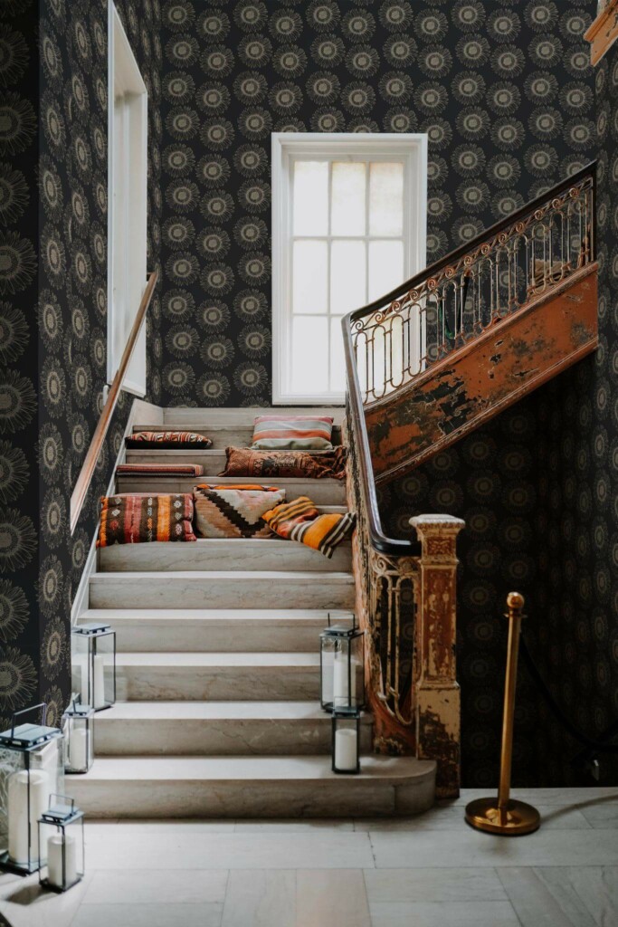 Victorian style hallway decorated with Dark sunflower peel and stick wallpaper