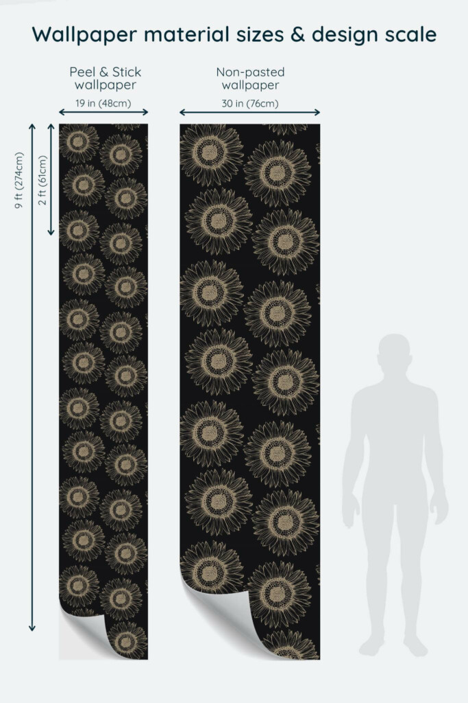 Size comparison of Dark sunflower Peel & Stick and Non-pasted wallpapers with design scale relative to human figure