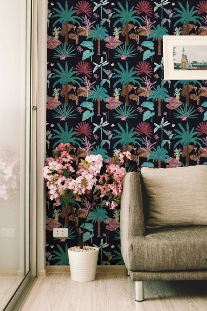 Modern farmhouse style living room decorated with Dark tropical peel and stick wallpaper