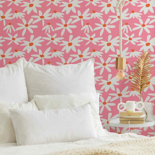 Ditzy Daisy Wallpaper in Pink and White