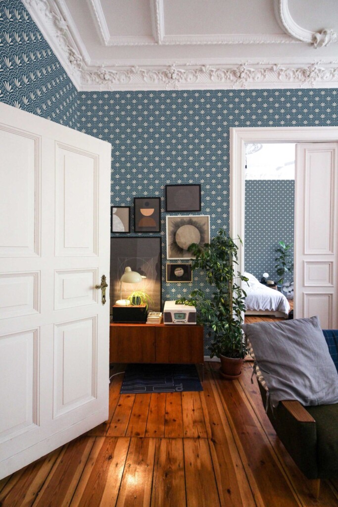 Removable wallpaper with vintage blue floral art deco style from Fancy Walls
