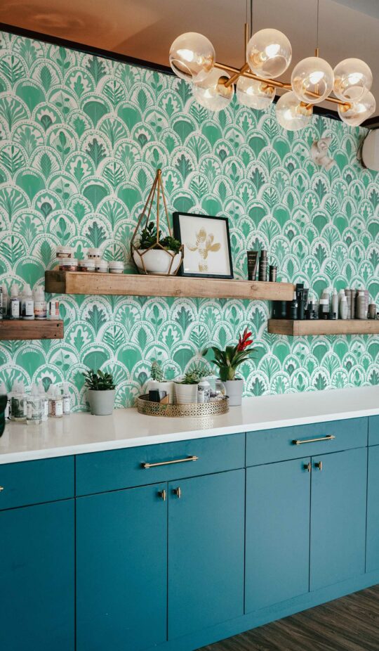 Fancy Walls' peel and stick wallpaper with turquoise art deco design