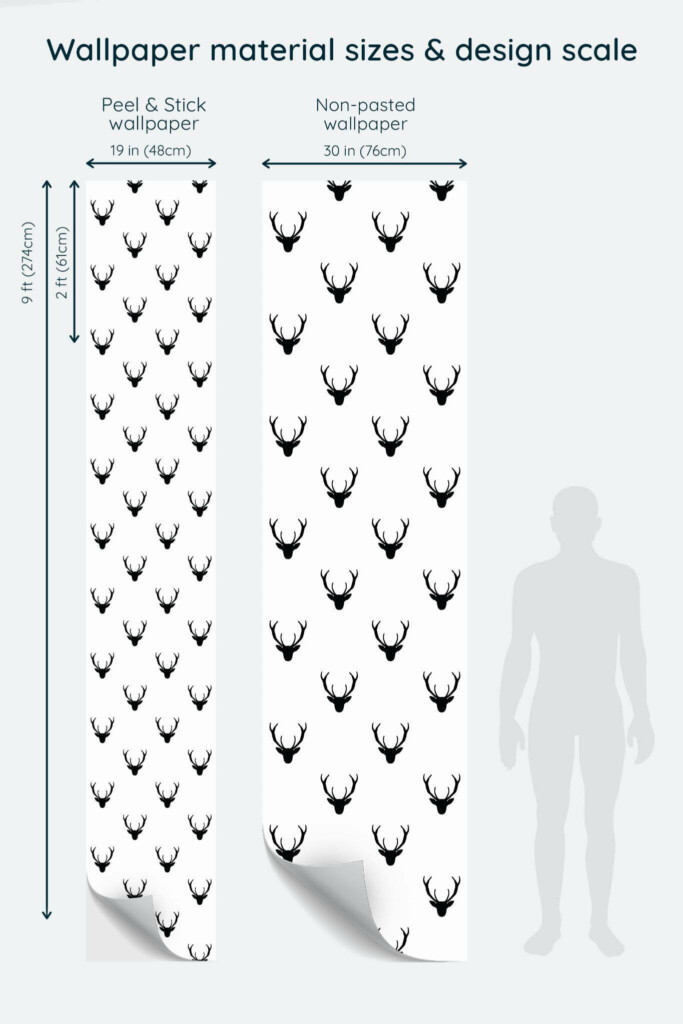 Size comparison of Deer Peel & Stick and Non-pasted wallpapers with design scale relative to human figure