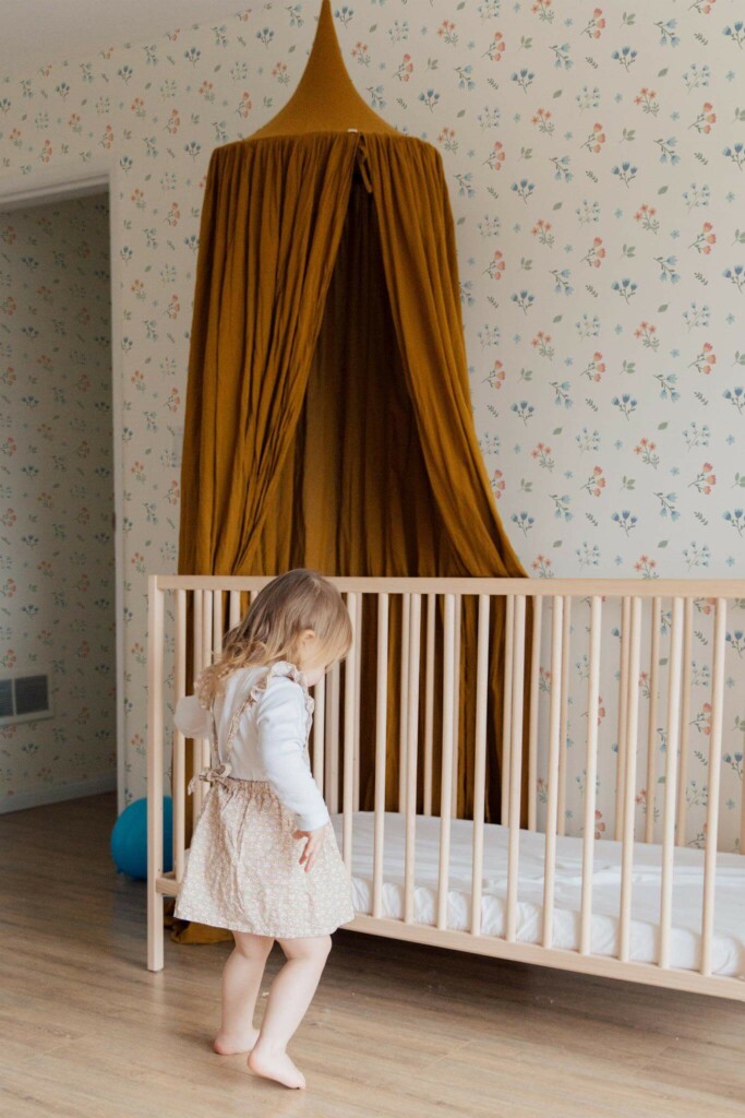 Neutral style nursery decorated with Delicate floral nursery peel and stick wallpaper