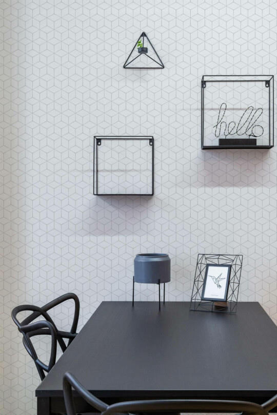 Industrial modern style dining room decorated with Delicate geometric cube peel and stick wallpaper