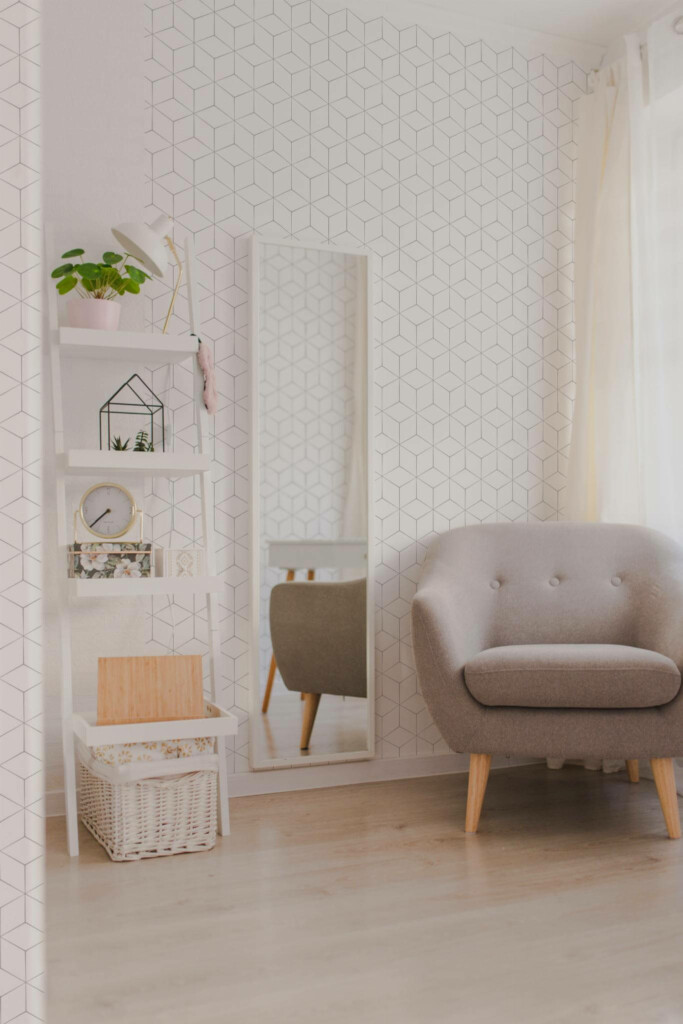 Light boho style living room decorated with Delicate geometric cube peel and stick wallpaper