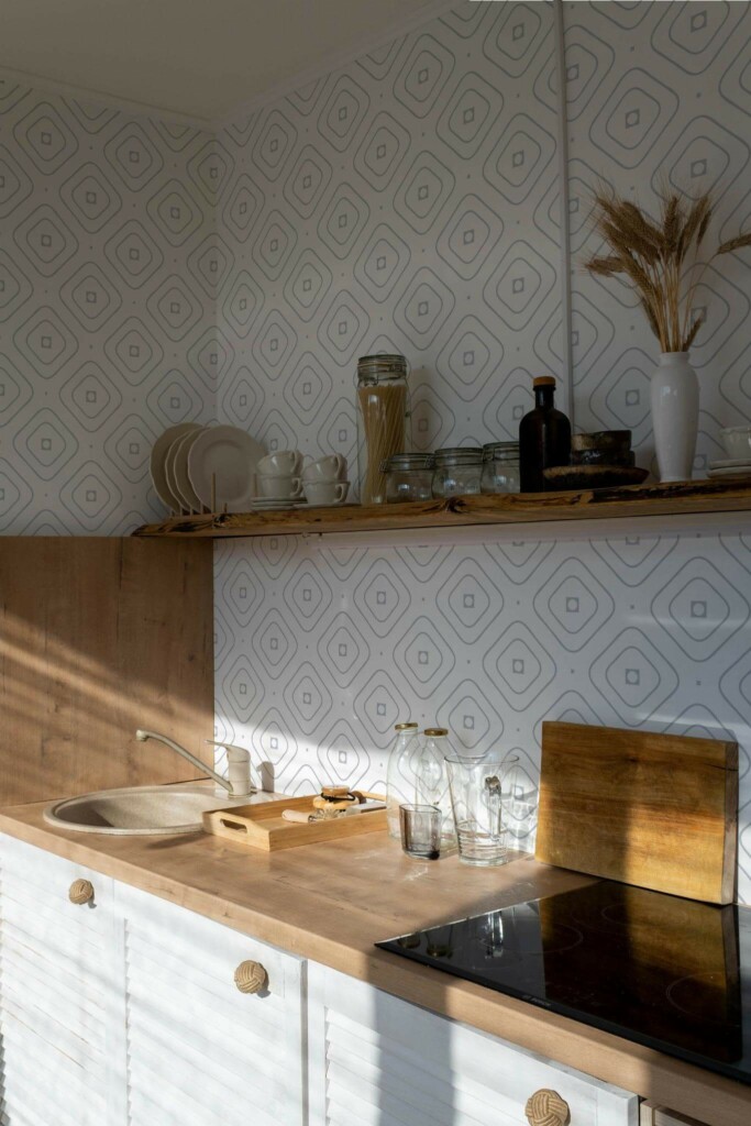 Minimal bohemian style kitchen decorated with Delicate geometric peel and stick wallpaper