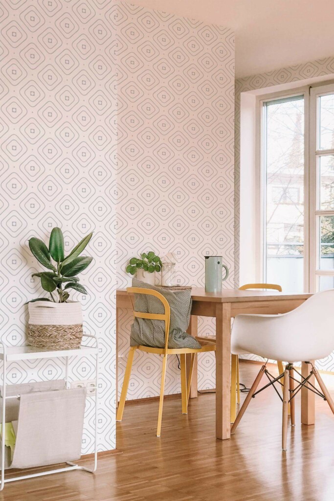 Minimal scandinavian style dining room decorated with Delicate geometric peel and stick wallpaper
