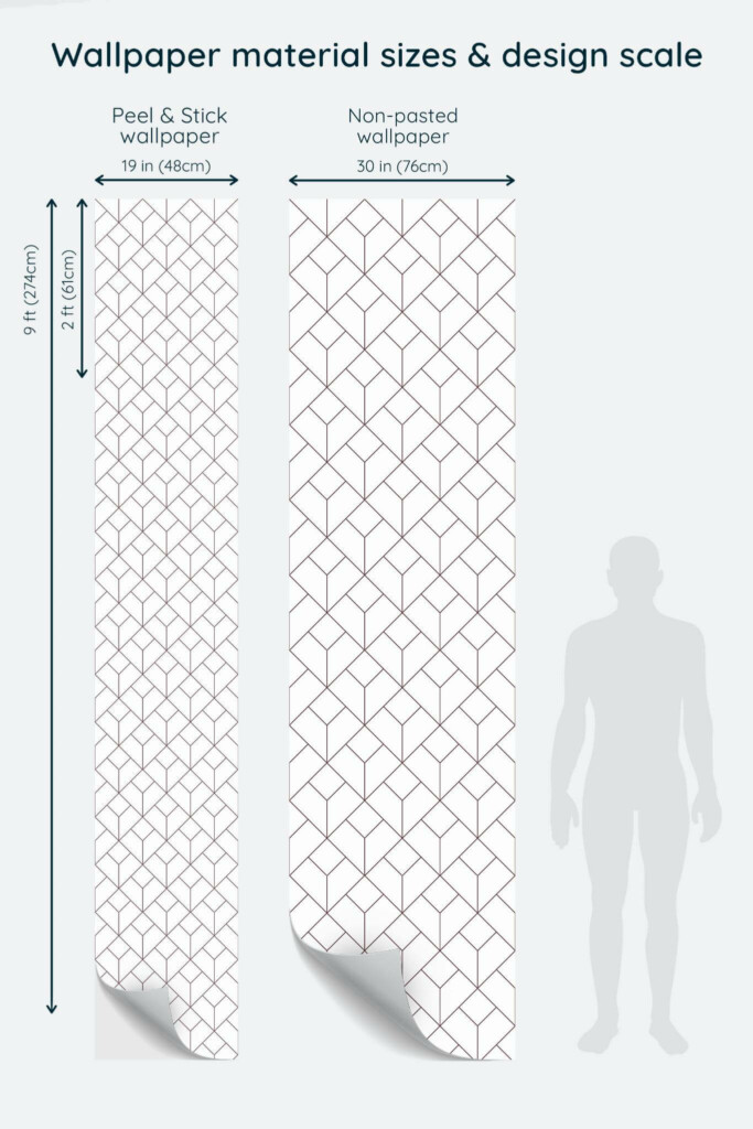 Size comparison of Delicate geometric Peel & Stick and Non-pasted wallpapers with design scale relative to human figure
