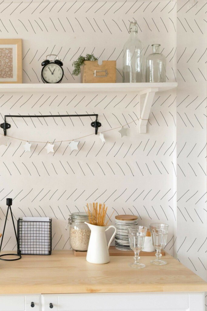 Light farmhouse style kitchen decorated with Delicate hand drawn Herringbone peel and stick wallpaper