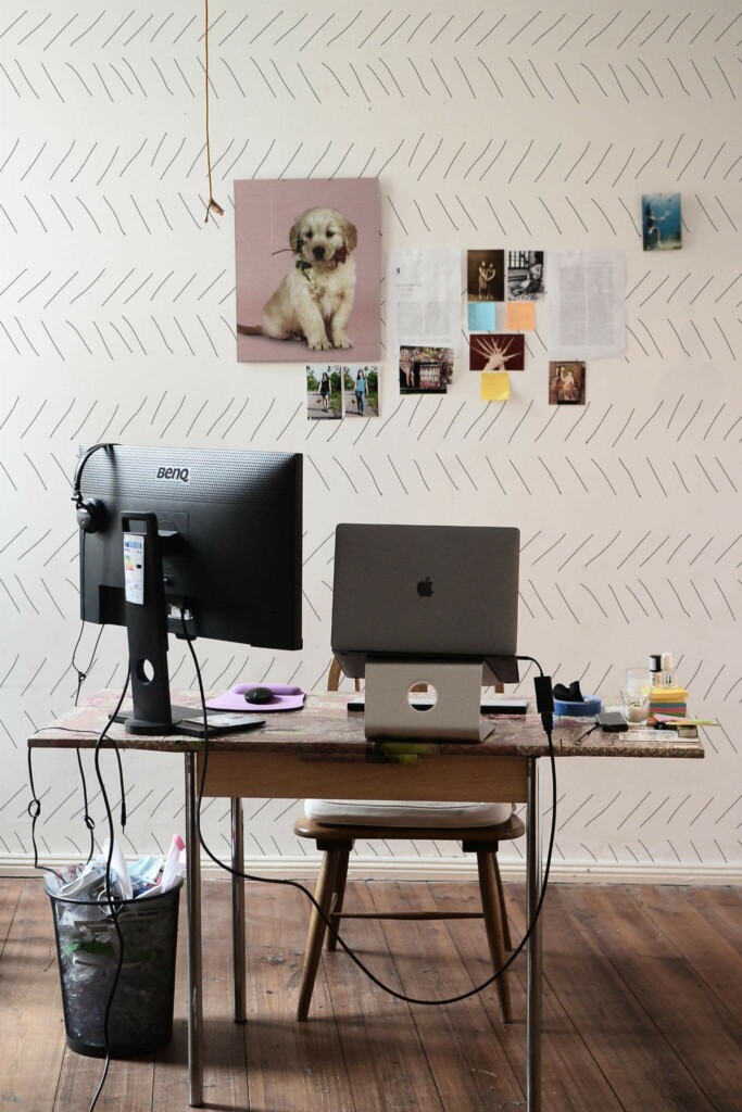 Rustic Farmhouse style home office decorated with Delicate hand drawn Herringbone peel and stick wallpaper