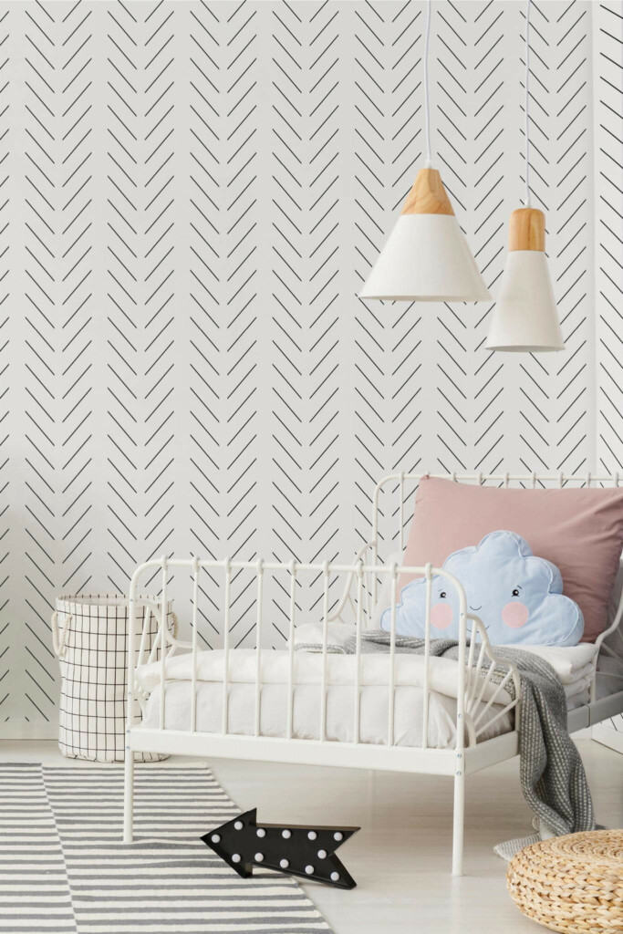 Bohemian style kids room decorated with Delicate Herringbone peel and stick wallpaper