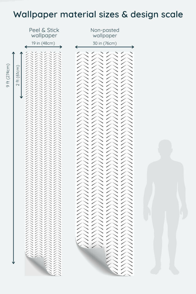 Size comparison of Delicate herringbone Peel & Stick and Non-pasted wallpapers with design scale relative to human figure
