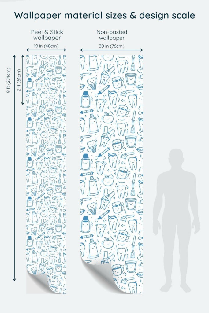 Size comparison of Dental Doodle Peel & Stick and Non-pasted wallpapers with design scale relative to human figure